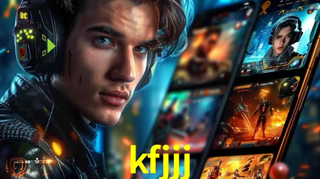 Jovem jogador com fones de ouvido olhando para a câmera, com um aplicativo de jogos e e-sports para celular ao fundo, pronto para a competição e apostas no kfjjj.