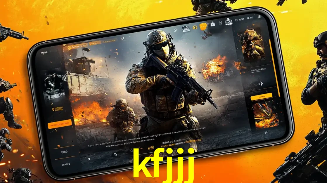 Um smartphone exibindo a interface de um jogo de tiro em primeira pessoa, com um soldado em um cenário de batalha, representando a ação dos e-sports para apostar no kfjjj.