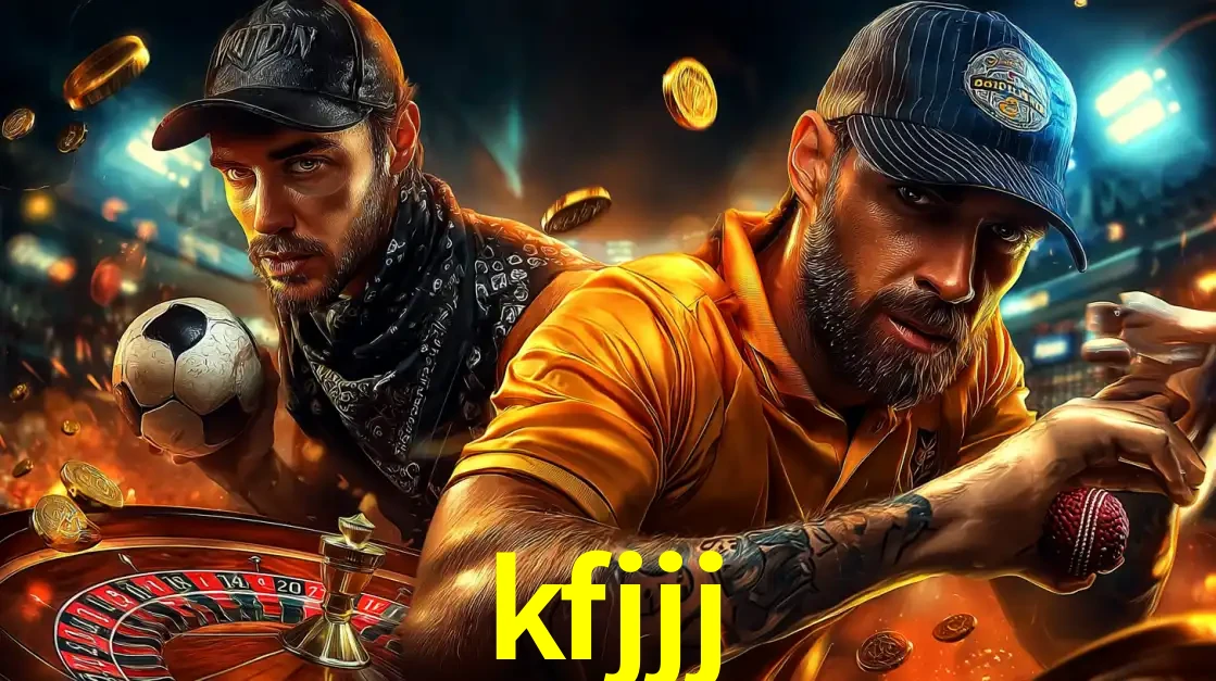 Montagem de apostas esportivas e cassino no kfjjj, com um homem segurando uma bola de futebol e outro uma de beisebol sobre uma roleta e moedas voadoras.