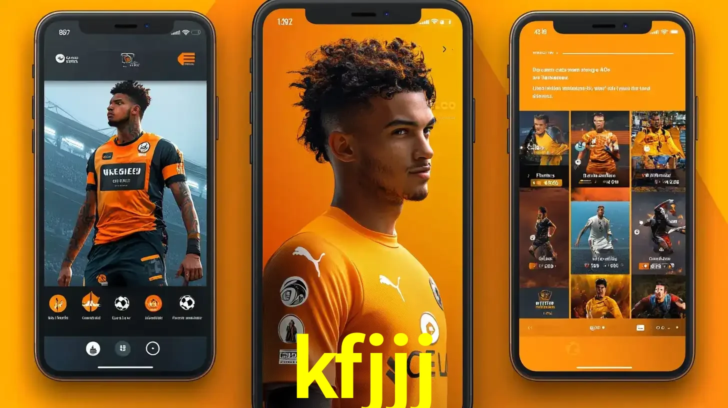 Interface do aplicativo de apostas esportivas kfjjj em três telas de celular, mostrando o perfil de um jogador de futebol e a lista de jogos disponíveis para apostar.