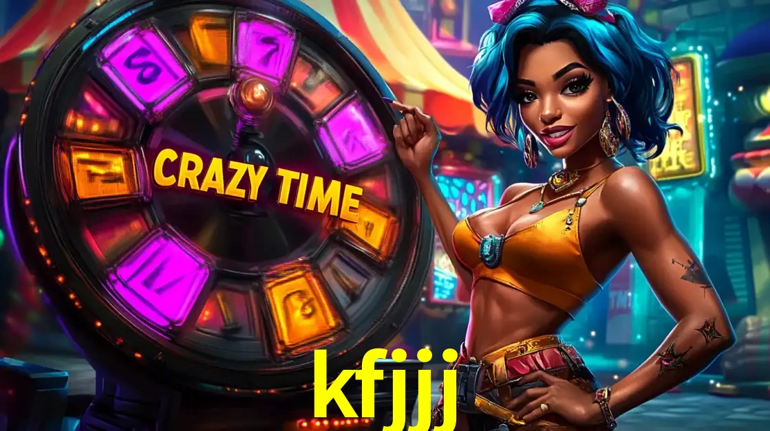 Mulher estilizada com cabelo azul e visual vibrante posando ao lado da roda de prêmios do game show Crazy Time, convidando para a diversão e os bônus do cassino kfjjj.