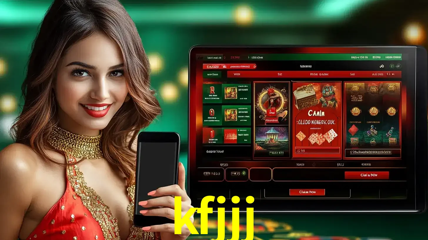 Mulher sorridente segurando um smartphone, ao lado de uma tela exibindo o lobby de jogos do cassino online kfjjj, com várias opções de jogos de cartas e slots.